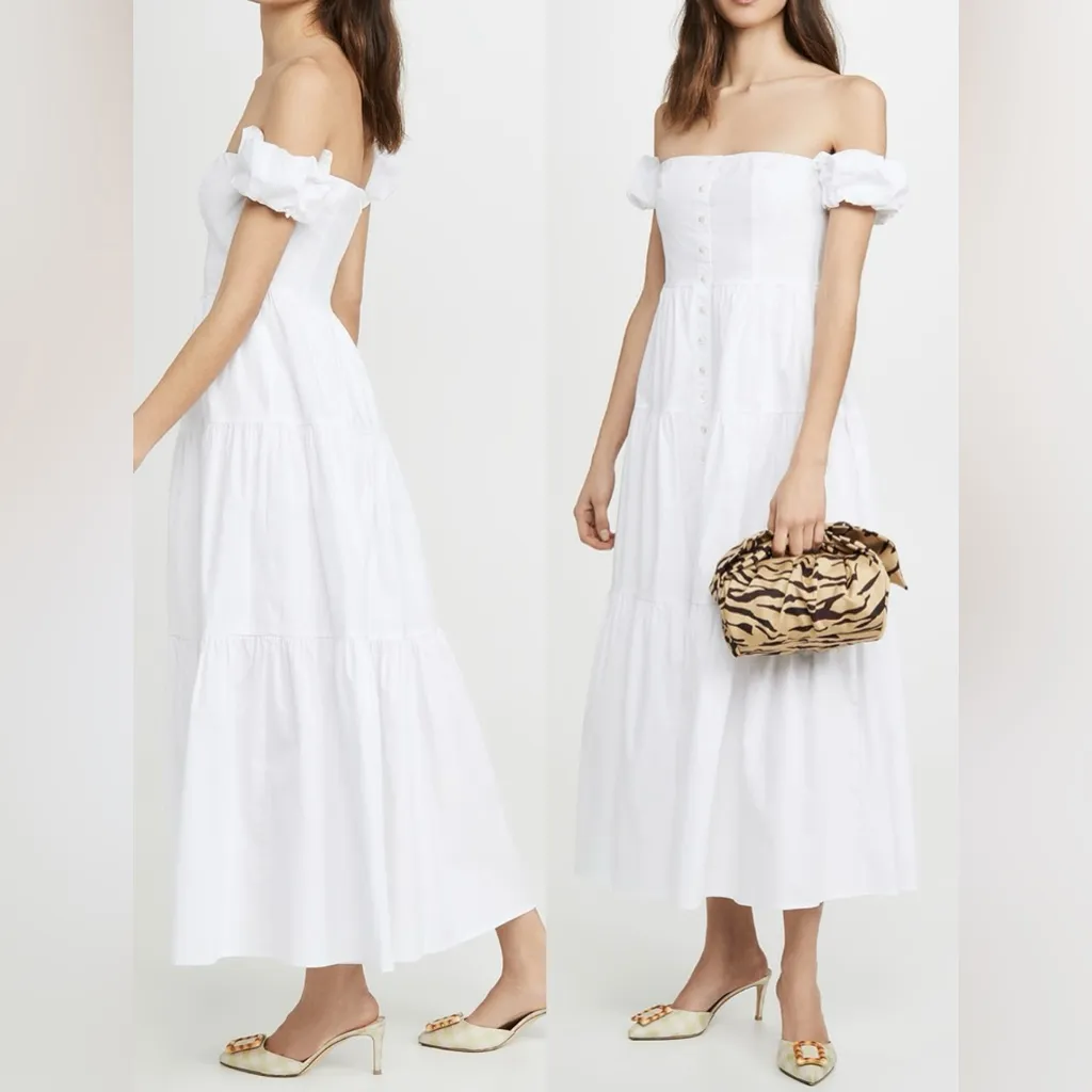 NEW STAUD Elio Off the shoulder white midi cotton Dress sz 00 - Image 3