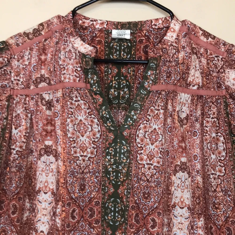 Good Hart Matilda Jane Women’s Boho Pattern Print Metallic Flutter Sleeve Blouse Red Size XL - Image 2