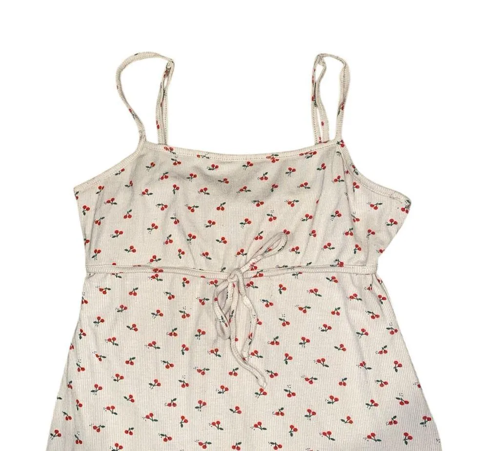 beige ribbed cherry print mini dress - Image 4