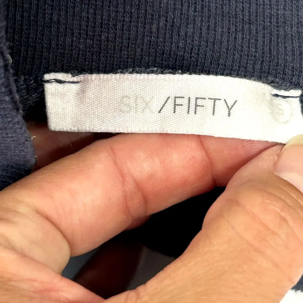 SIX/FIFTY Blue Gray Pullover Sweater Cutout Shoulder Distressed Oversized Small - Image 2