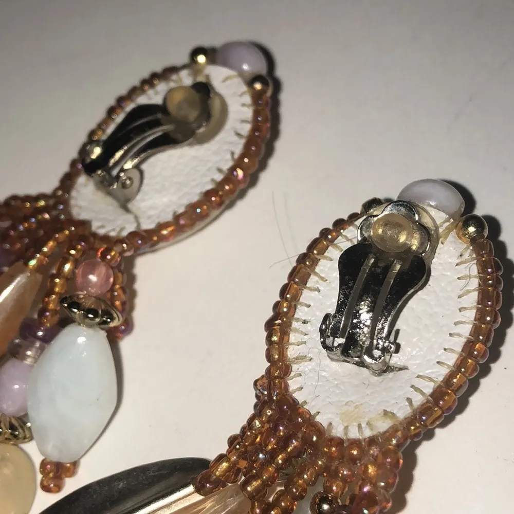 Huge Vintage Unique Dangling Shell Beaded Boho Clip On Earrings - Image 7