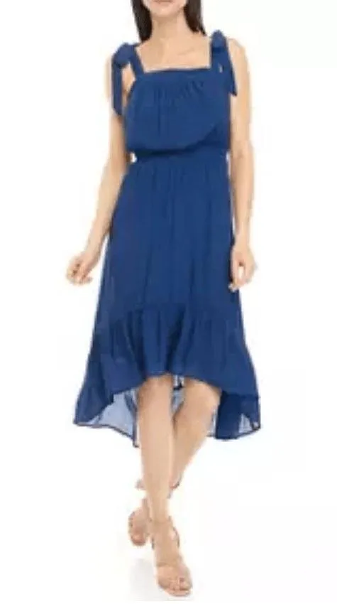 Luxology Dress Womens Blue Aline HighLow Adjustable TieStrap Midi Boho Flowy - Image 2