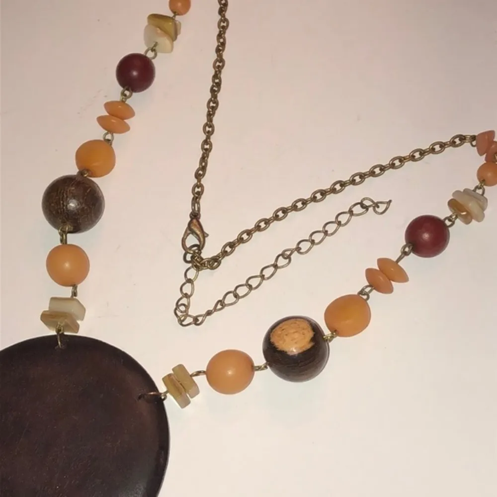 Vintage Wooden Pendant & Soft Satin Gold Beaded Chain Boho Necklace Brown - Image 4