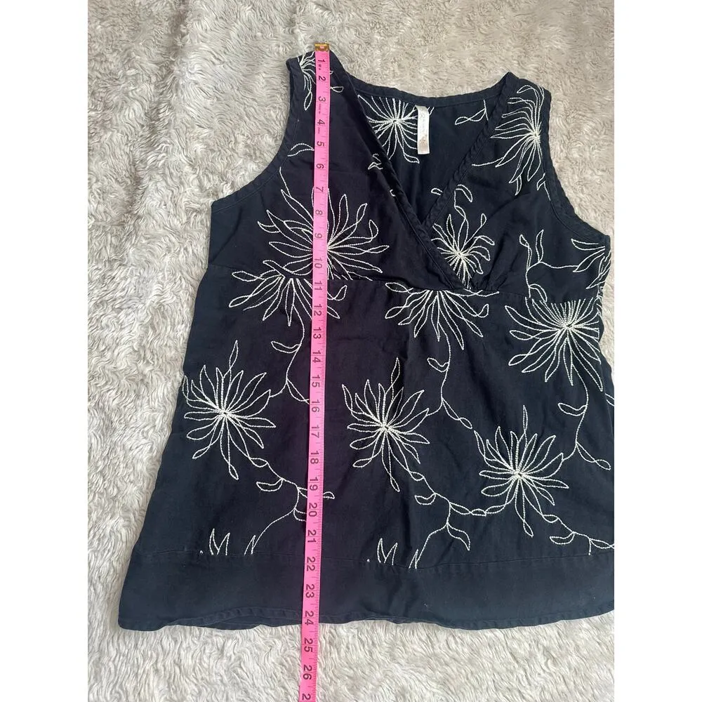 Large Adventura Clothing Linen Cotton Embroiderd Floral Tank Top Blouse Womens Black - Image 11