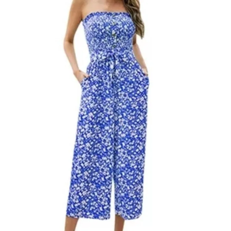 Olivaceous Smocked Button Detail Wide Leg Blue Print Jumpsuit Small - Image 4