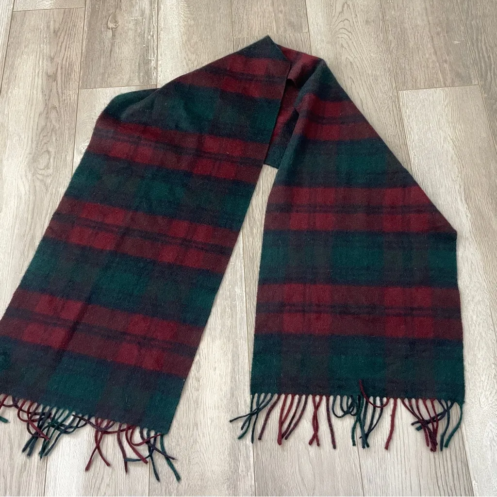 Johnstons Cashmere Scarf check plaid fringe unisex Green Red (one size) - Image 1