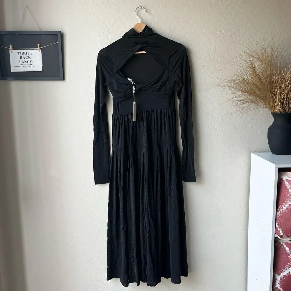 Rebecca Taylor Pleated Knit Mock Neck Open Back Long Sleeve Black Maxi Dress XS‎ - Image 7