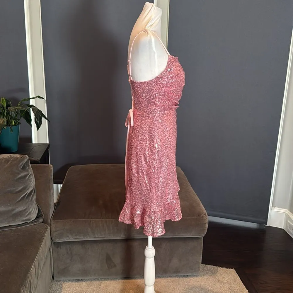 Women’s Pink Sequined Short Homecoming Party Dress Ruffle Hem CorsetBack Size 8 - Image 3
