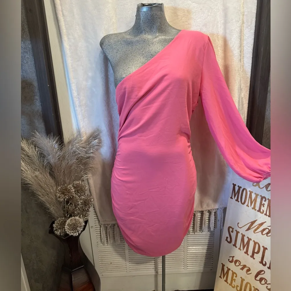 Women One Shoulder Ruched Bodycon Mini Dress Puff Long Sleeve Size S Pink - Image 2