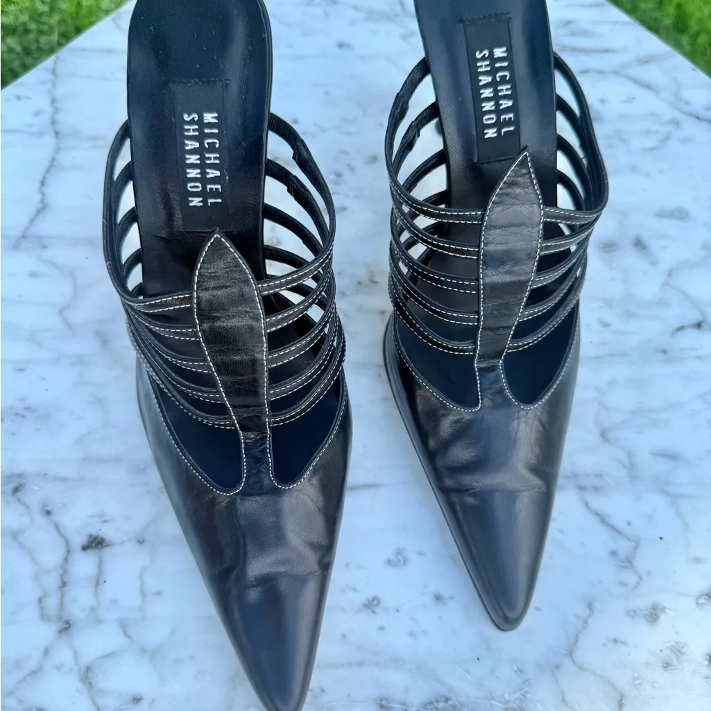 Michael Shannon Black Strappy Heels with Bamboo Heel - Image 2