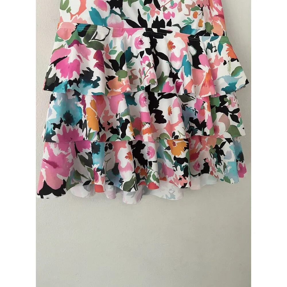 Island Escape Floral Tiered Ruffle Waist Minimizing Convertible Tankini Top Sz 6 White - Image 6