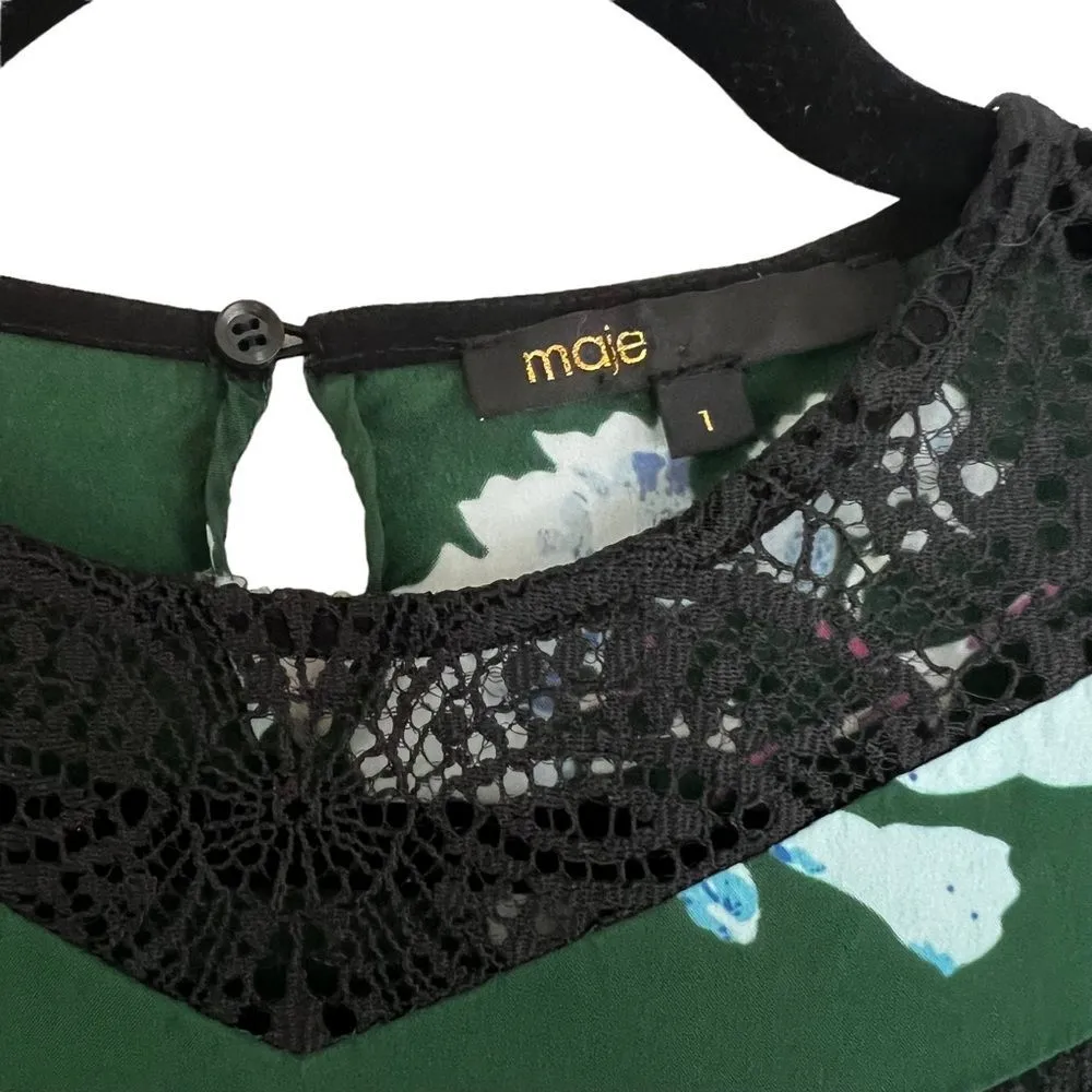 Maje Rowers Asymmetric Floral Silk Blend Lace Midi Dress Green Blue Small - Image 8