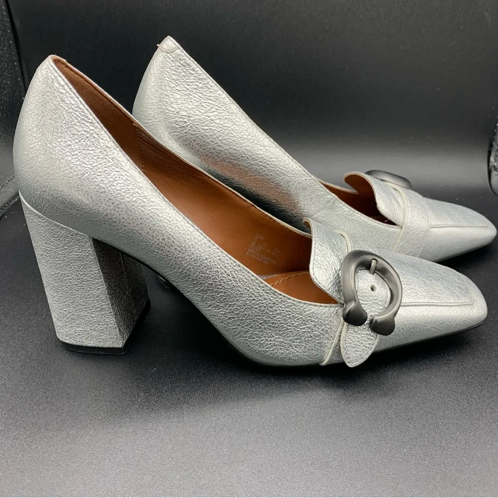 Coach Heeled Jade Loafer Silver Crackled Leather  Square Toe Size 6 - Image 2
