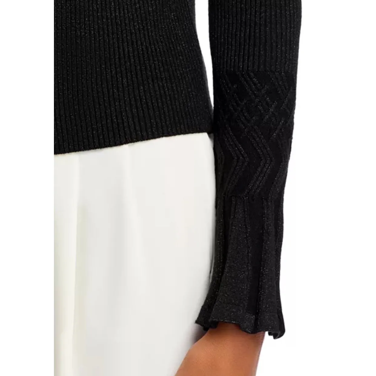 Nancy Yang Sweater Medium Black Bell Cuffs Ribbed Knit Keyhole Button Closure - Image 3