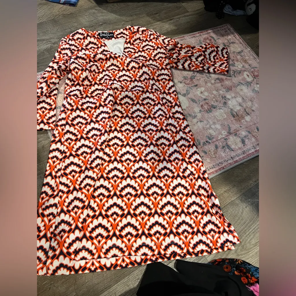 Lesley Evers Orange and White Patterned Dress size small - Image 2