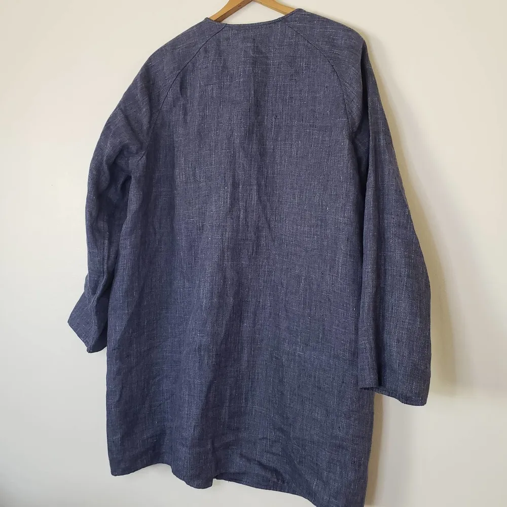 Lafayette 148 New York Denim Linen Leather Zip-up Shacket Navy Blue Brown Large - Image 3