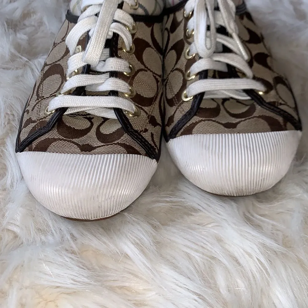 Coach Poppy Zorra Khaki Brown Signature Multicolor Tattersall Sneakers Size 8.5 - Image 3
