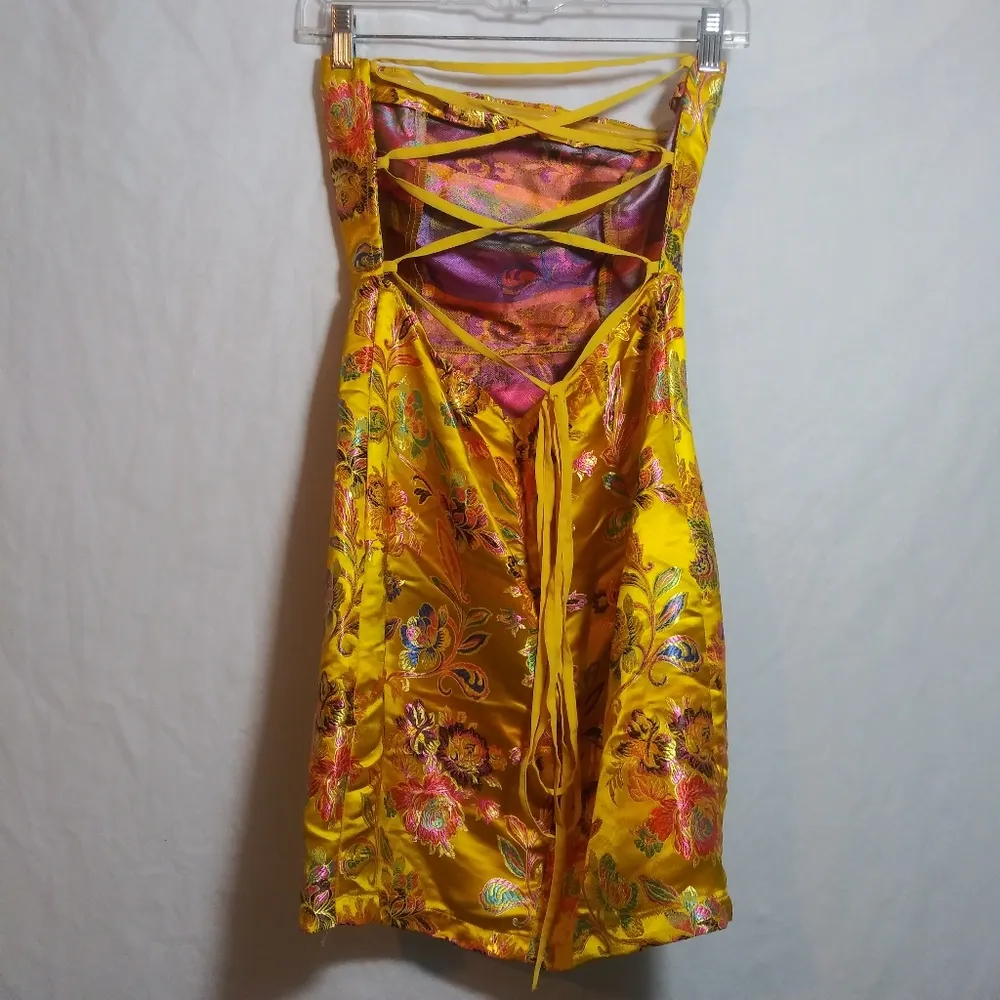 Pretty Little Thing Mustard Oriental Satin Bandeau Lace Up Dress Size 6 - Image 4