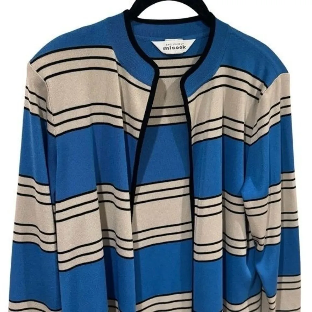 Vintage Exclusively Misook Blue and Ivory Stripe Slinky Cardigan Old Money M - Image 3