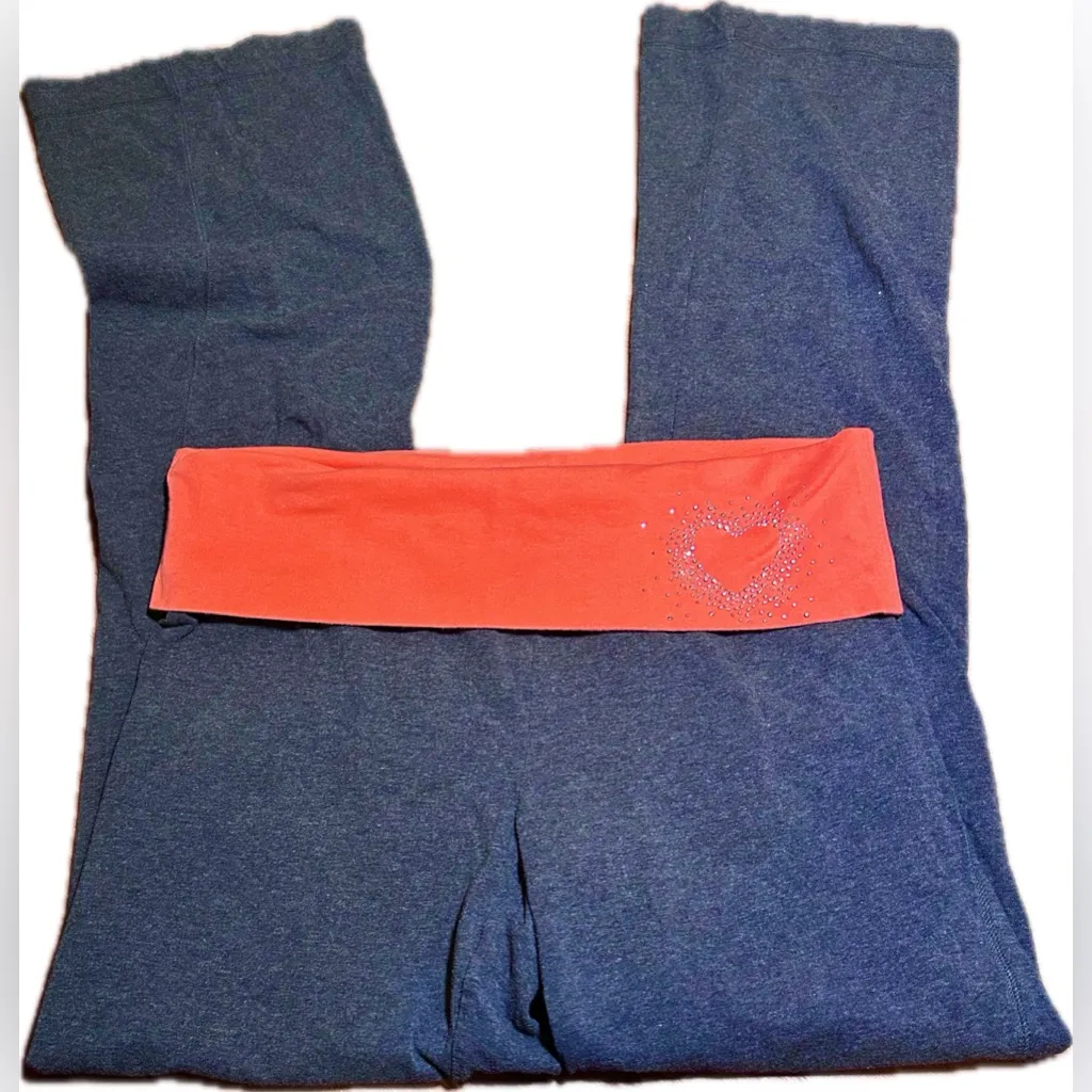 Vintage Y2K Fold Over Flare Yoga Legging Pants Hot Salmon Orange Sparkly Heart M - Image 9