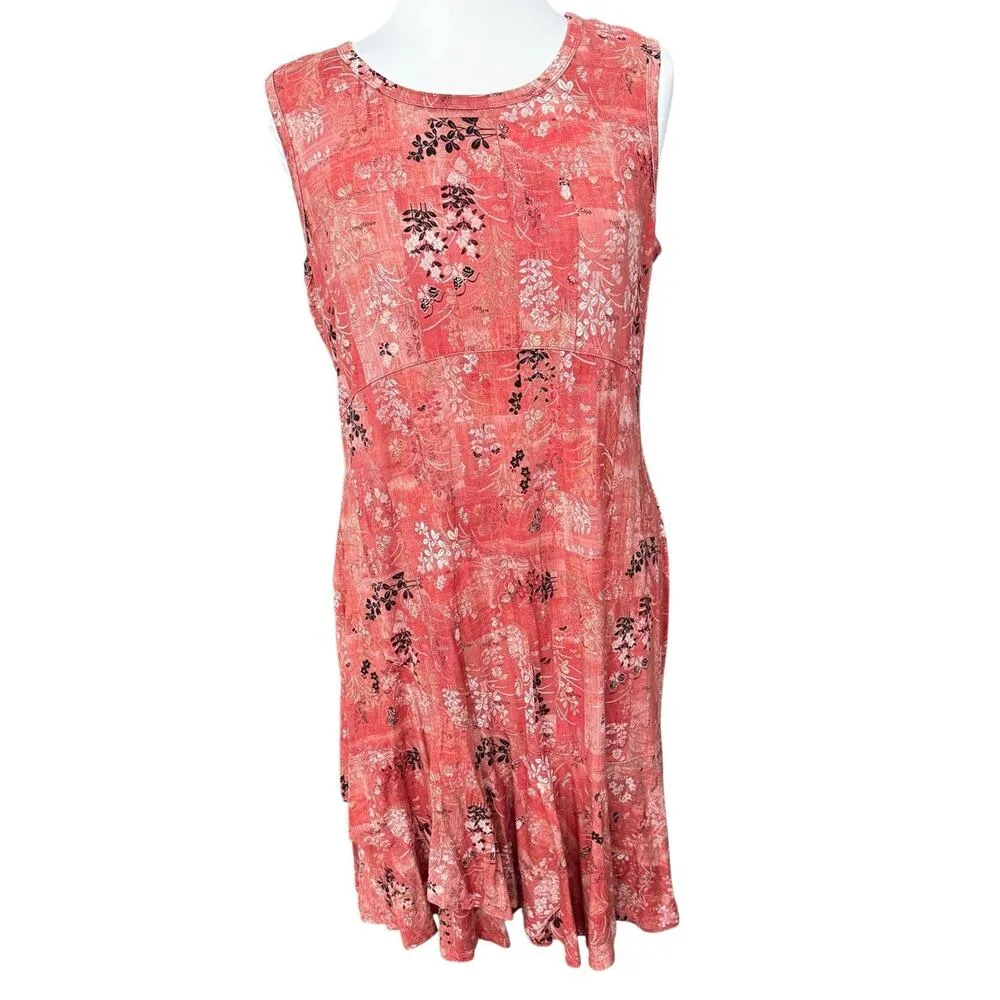 Peruvian Connection Phoenix Midi Dress Crew Neck Coral Terracotta Floral Large - Image 4