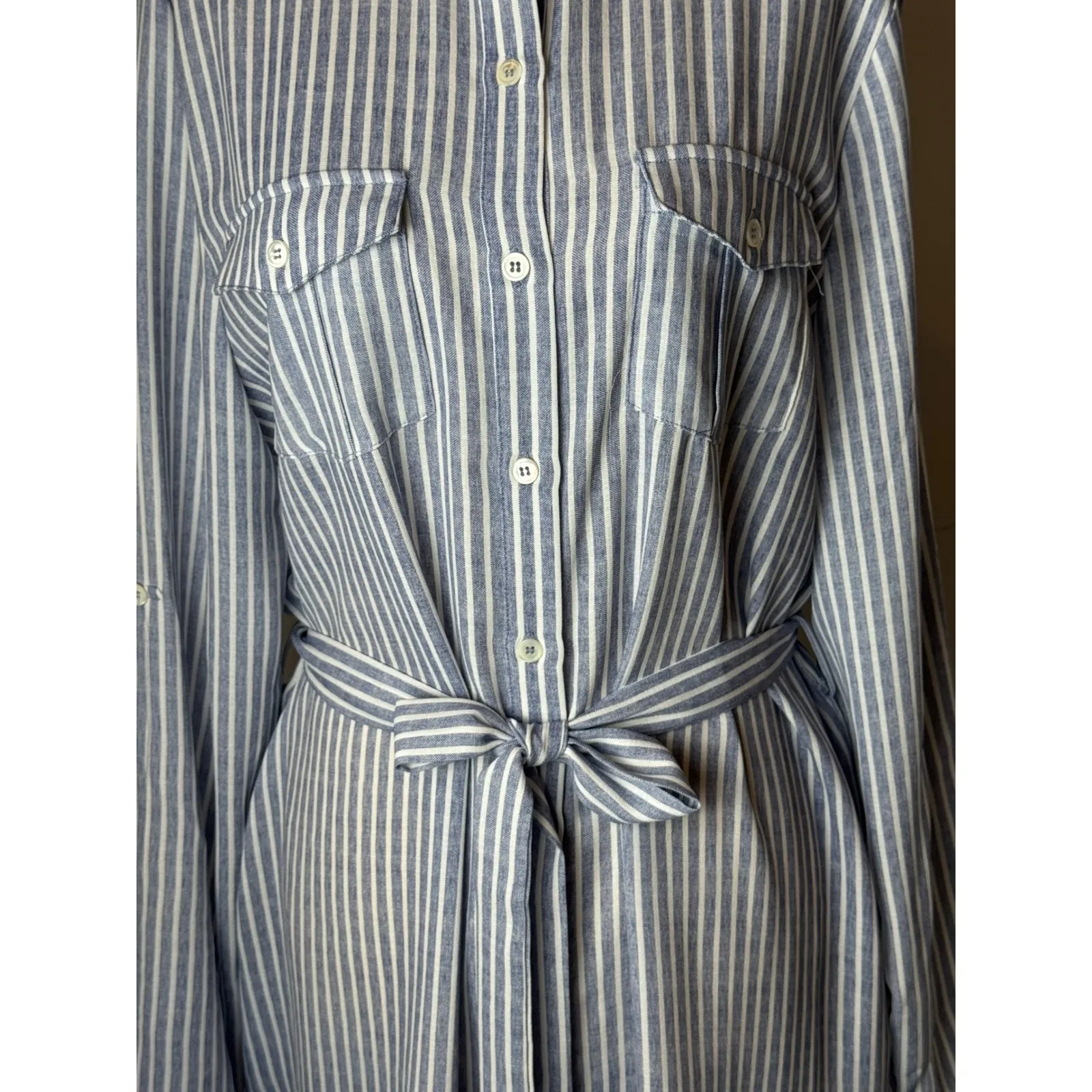 Joy Joy Dress Women Large Blue White Striped Button‎ Front Tie Waist Shirt NWT - Image 9