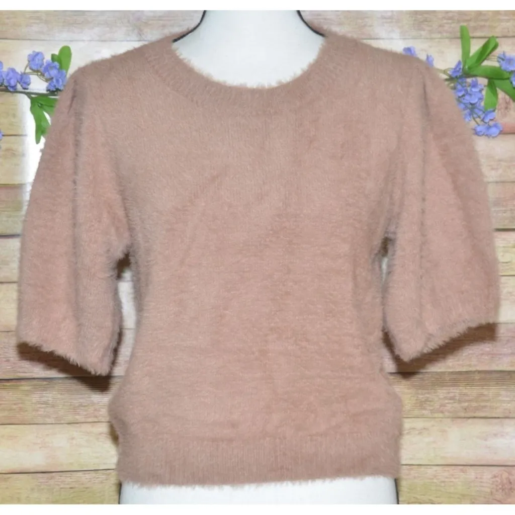 Buddy Love Ladies Brown Half Puff Sleeve Crop Sweater Top Size L Fuzzy Eyelash Size L - Image 2