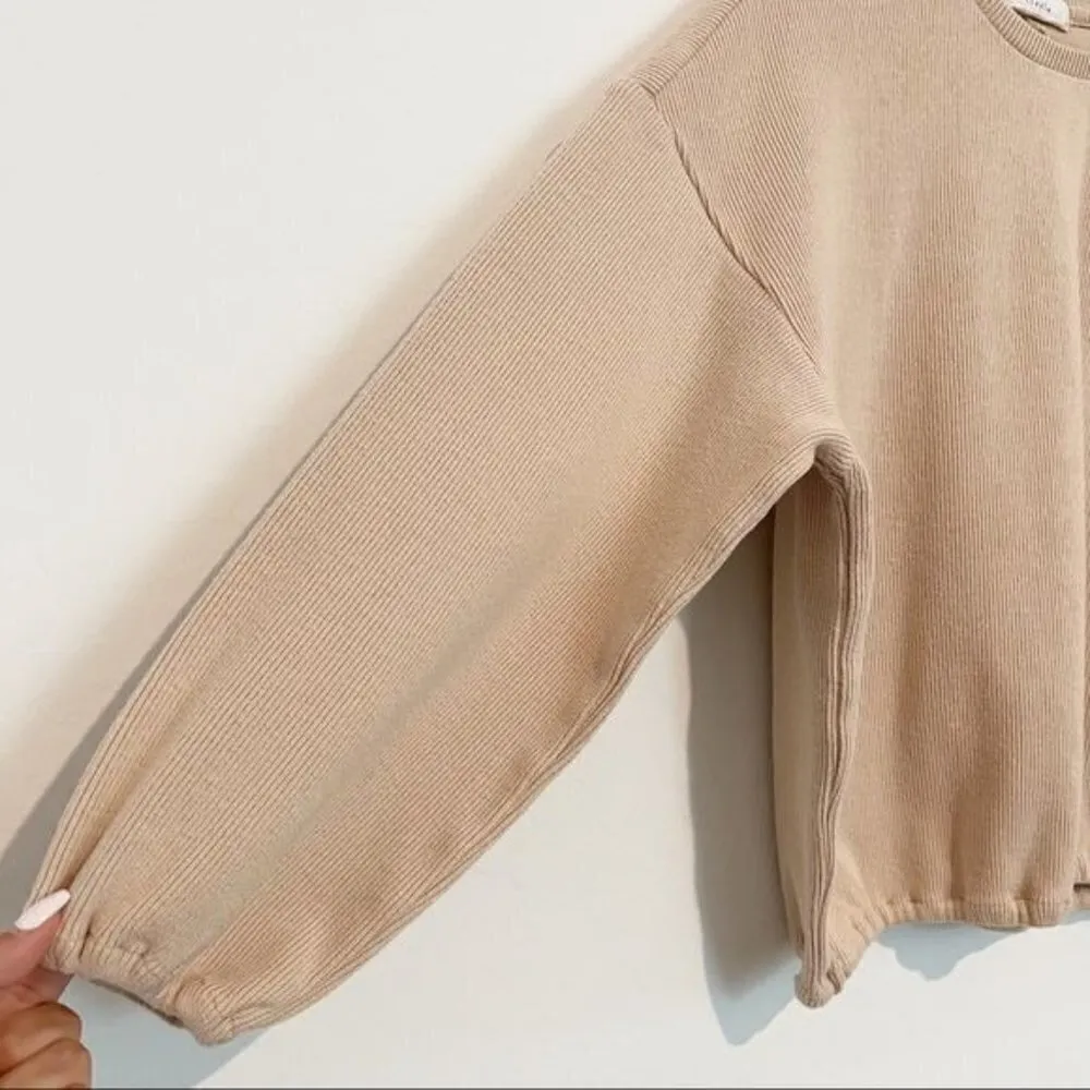 Elodie Balloon Sleeve Pullover Ribbed Crewneck Sweatshirt Winter Tan Size Medium - Image 5
