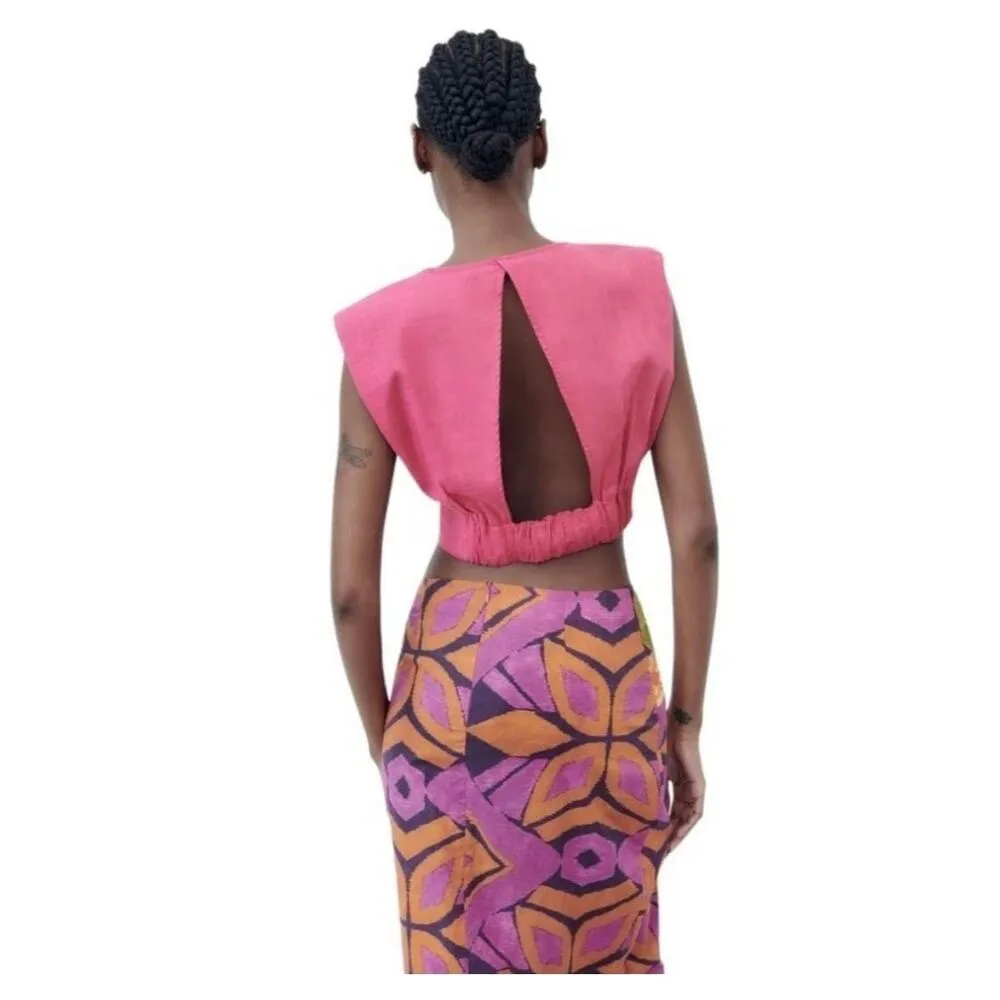 Zara Pink Sleeveless Faux Wrap Belted Cut Out Cotton Crop Top Size Small - Image 2