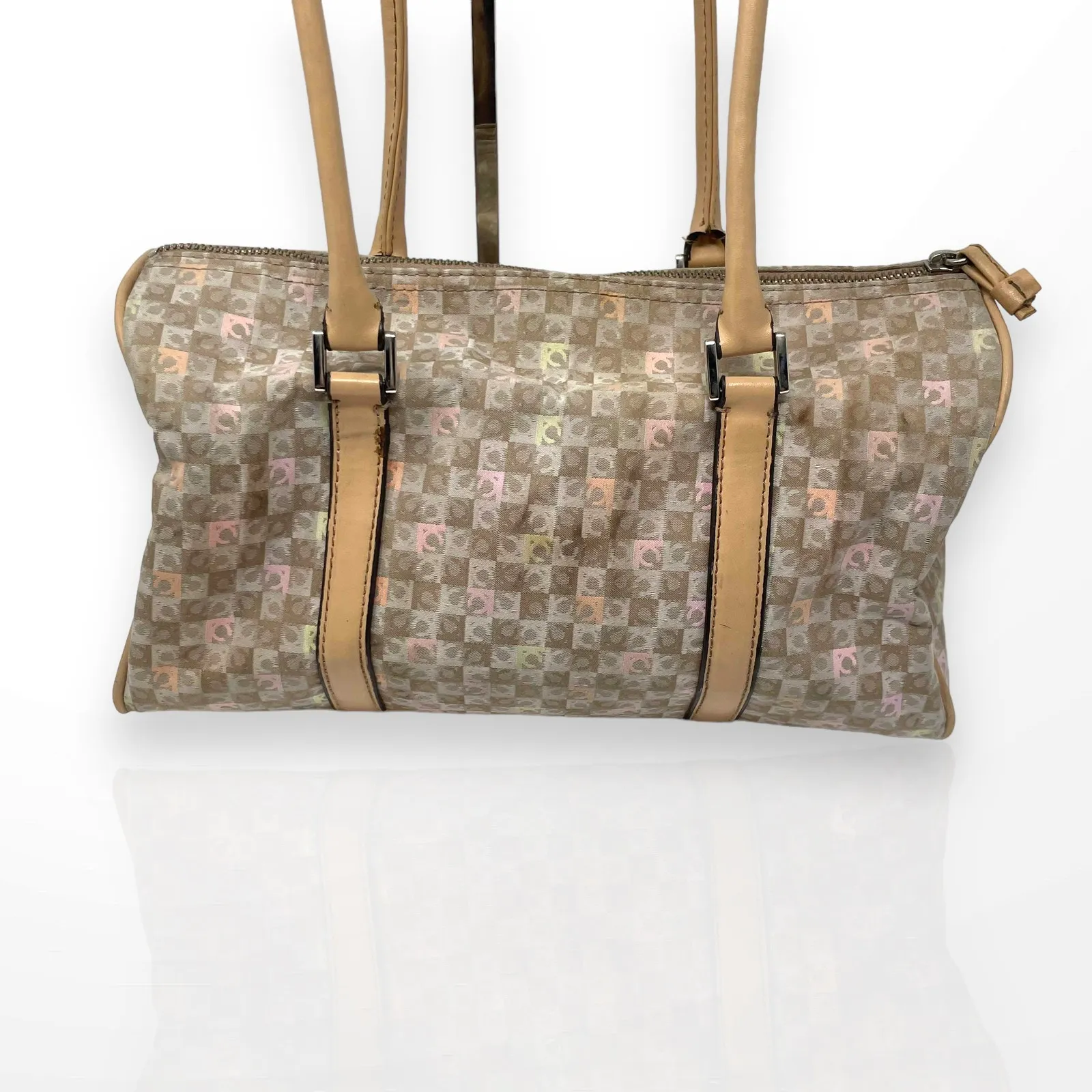 00s Y2k LIZ CLAIBORNE Vintage Tan Cream Monogram Barrel Shoulder Bag - Image 3