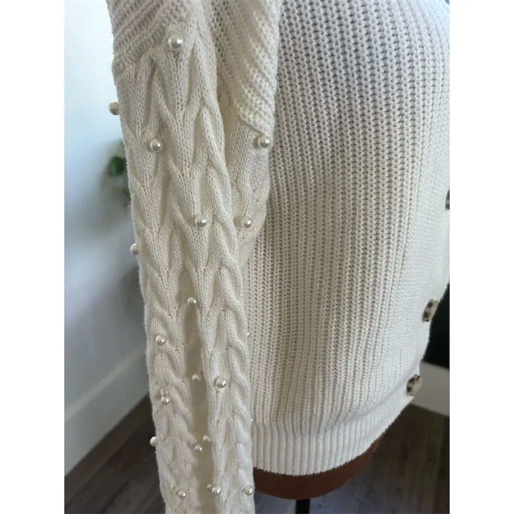 Jessica Simpson Women's XS‎ Ivory Cardigan Sweater Pearl Accents - Image 3