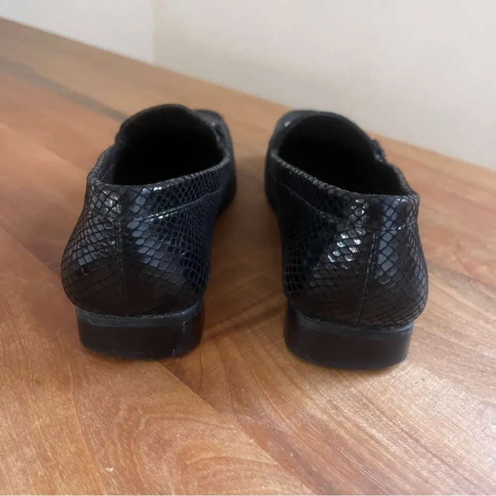 Stuart Weitzman Black Leather Snakeskin Square Toe Loafers Onyx Silver Buckle 7 - Image 4