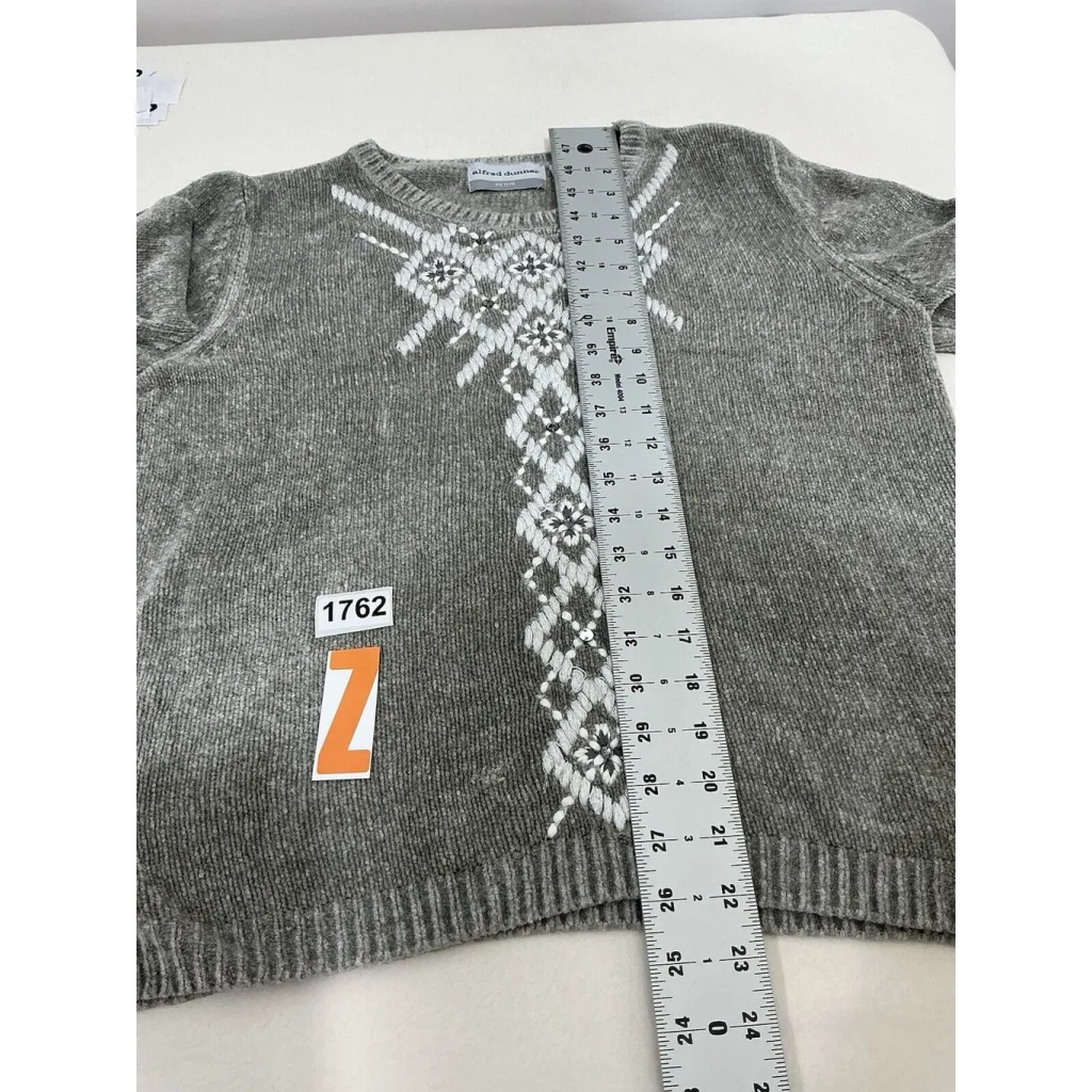 womans alfred dunner petite PL Gray Pull Over Embroidered Long Sleeve Sweater - Image 6
