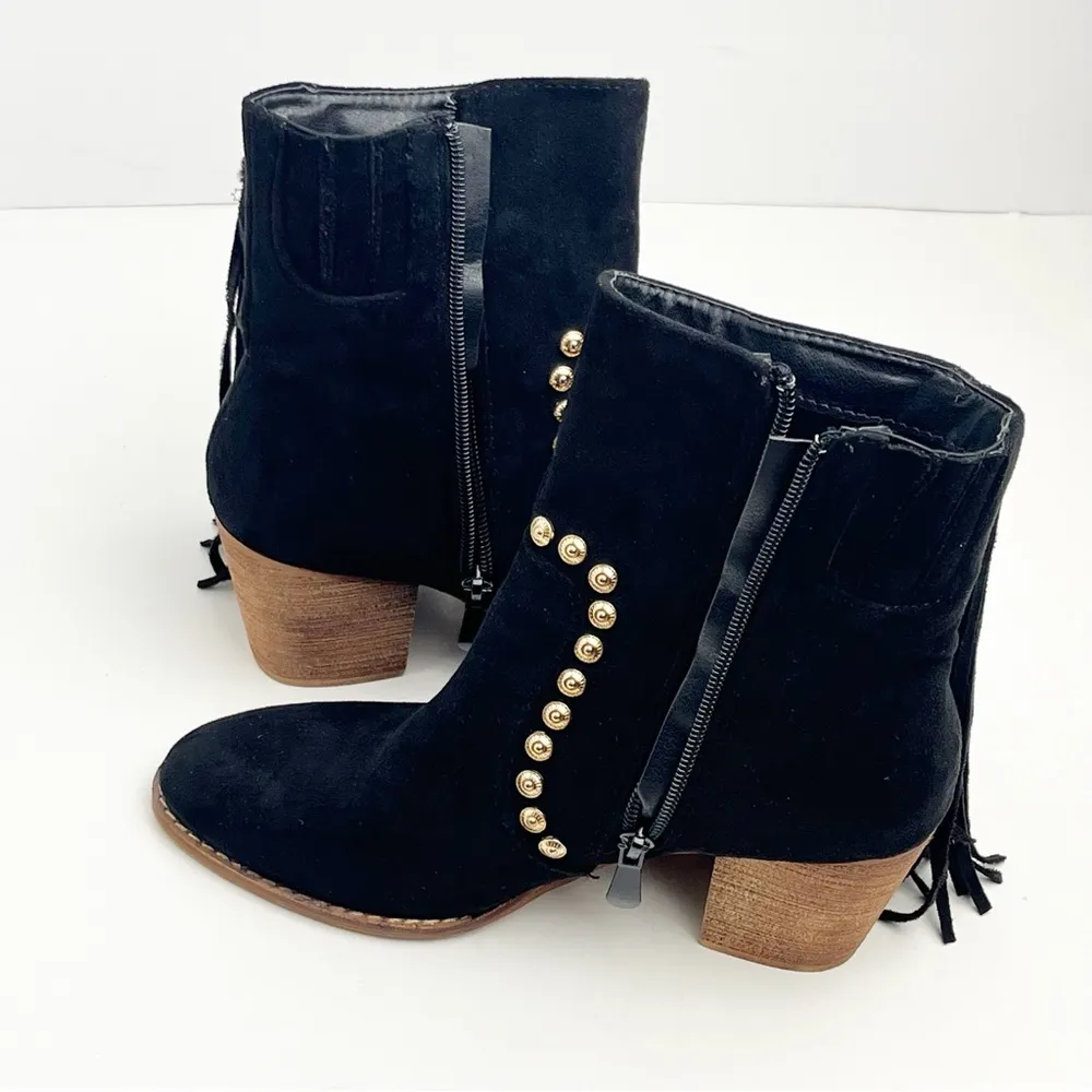BEAST FASHION Black Fringe Trim Studded Side Zip Closure Almond Toe Booties 6 - Image 8