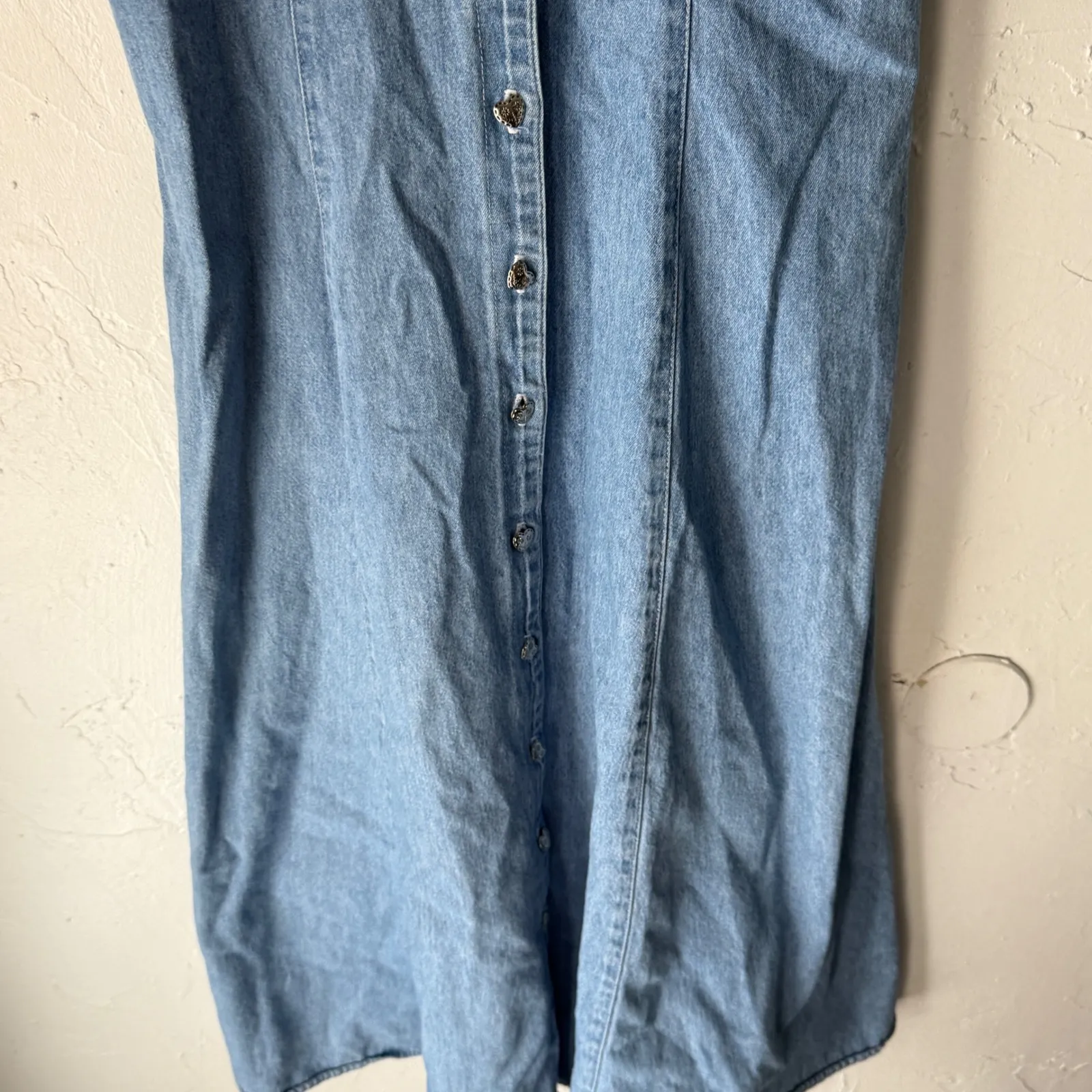 Vintage Western Denim Button Front Midi Dress Short Sleeve Cottage Boho Blue Size M - Image 5