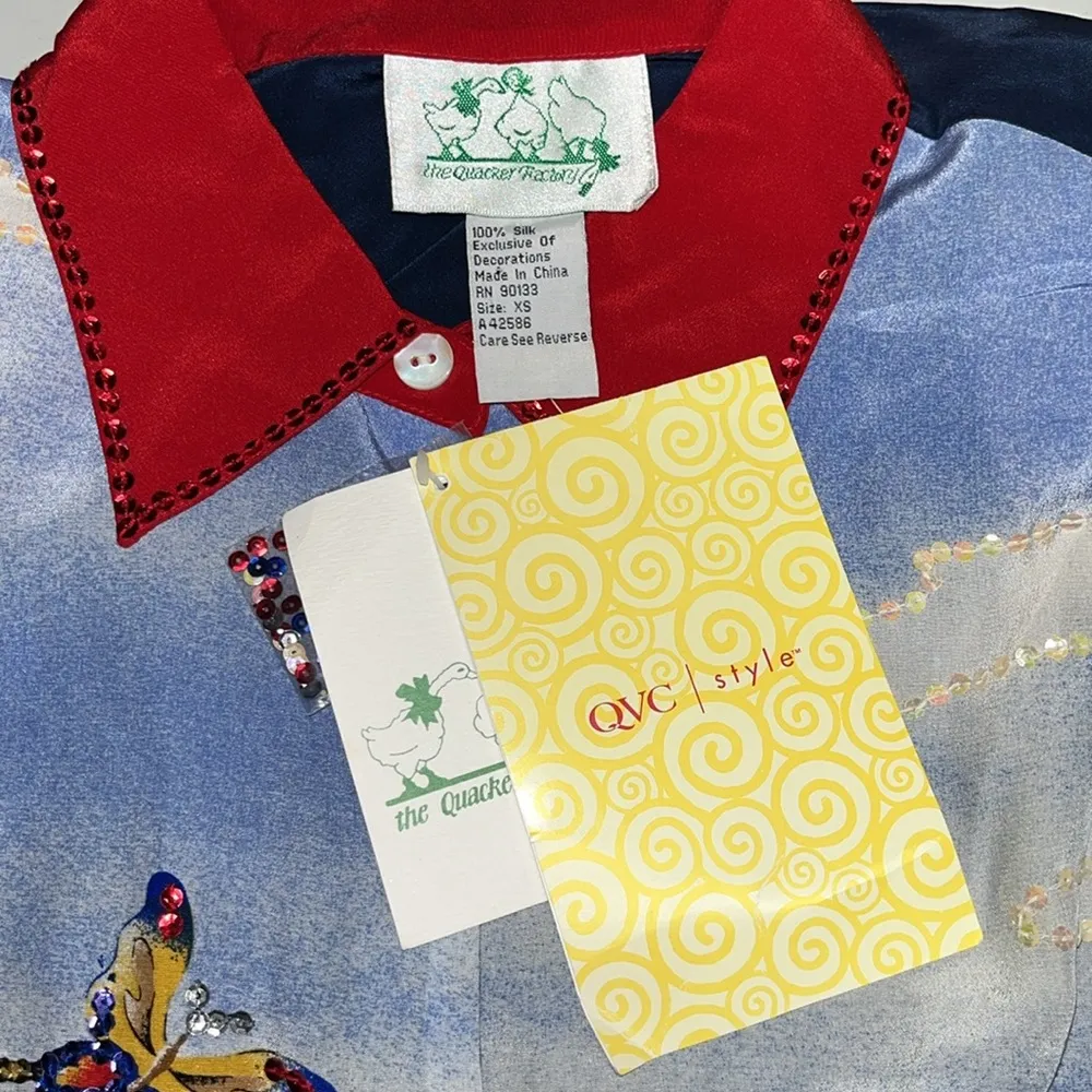 Quacker Factory NWT Size XS Beach Sailboat Sequin 100% Silk Button Up Blouse Top - Image 10