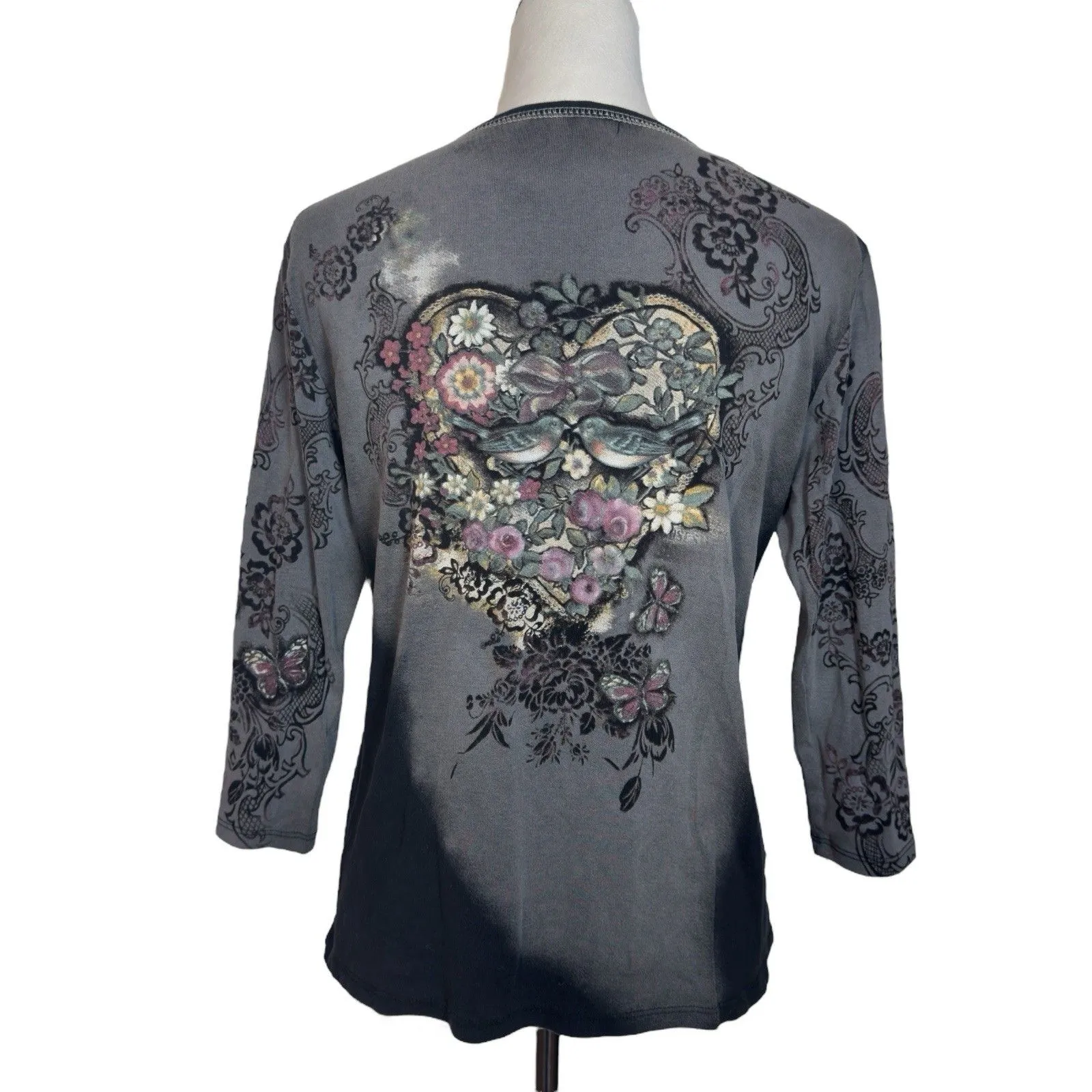 Vintage Jess And Jane Fairy Grunge Top L Rhinestone Butterfly Heart Dark Floral Black Size L - Image 2