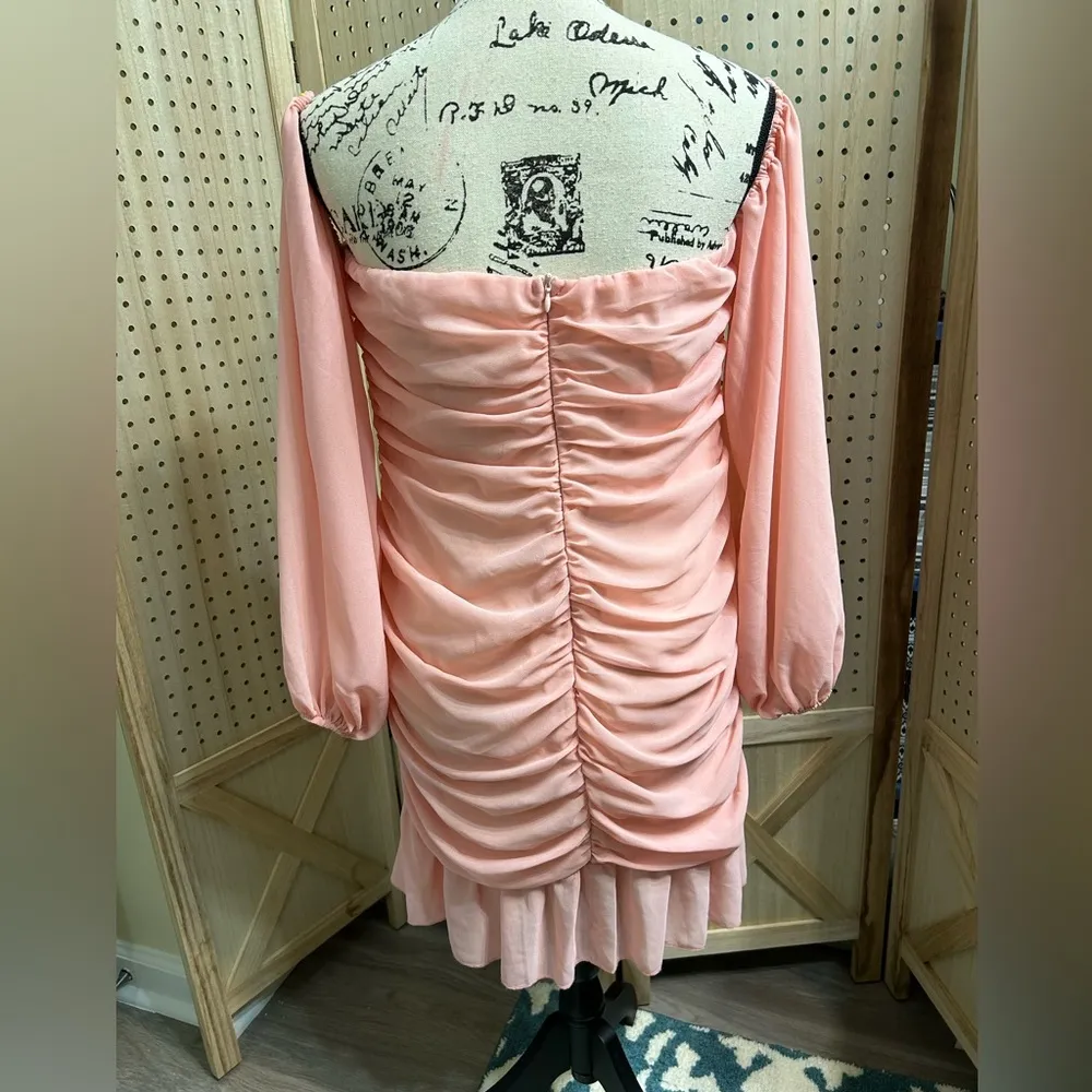 SHEIN Women’s Off The Shoulder Gathered Strapless Pinkish Peach Dress Sz Lg - Image 2