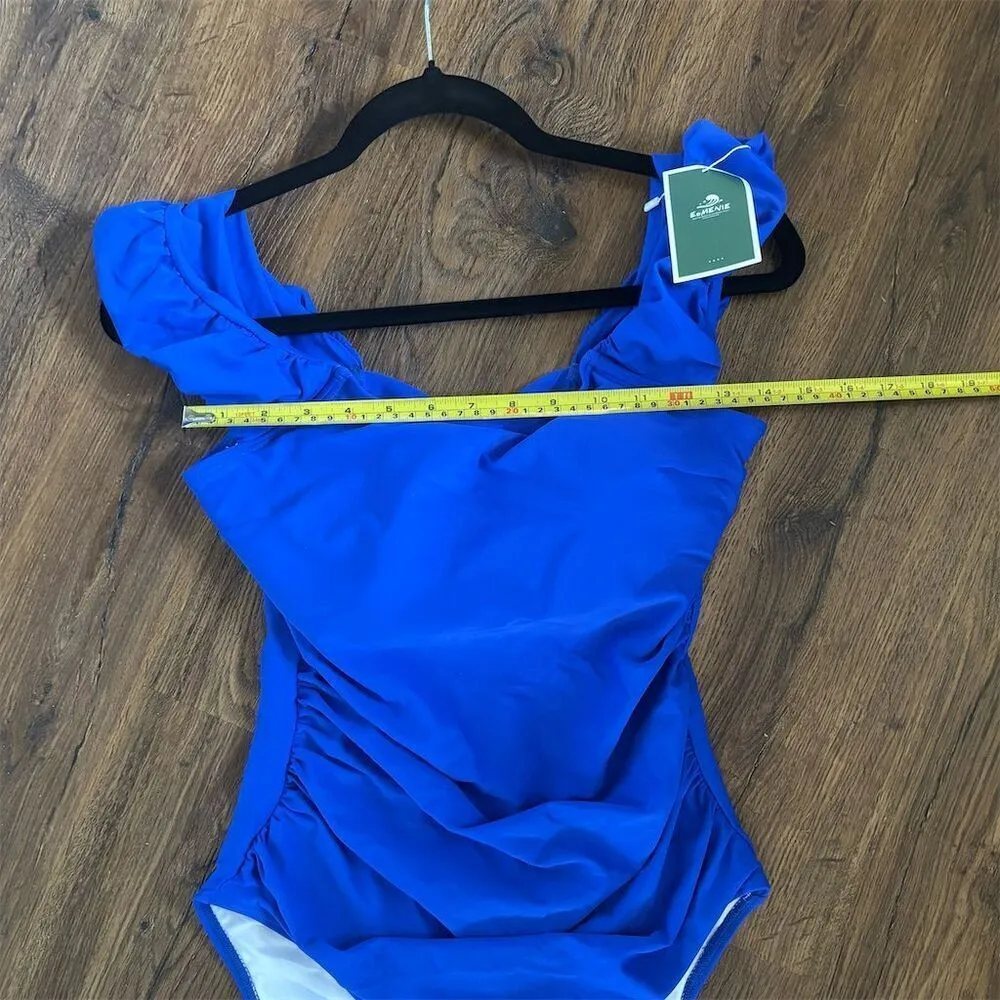 Eomenie Women's Blue One Piece Ruffle Shoulder Swimsuit Size M Blue Size M - Image 9