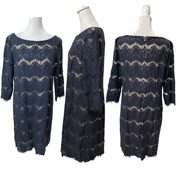 Navy Blue Lace Overlay 3/4 Sleeve Knee Length Cocktail Dress Size 14 - Image 2