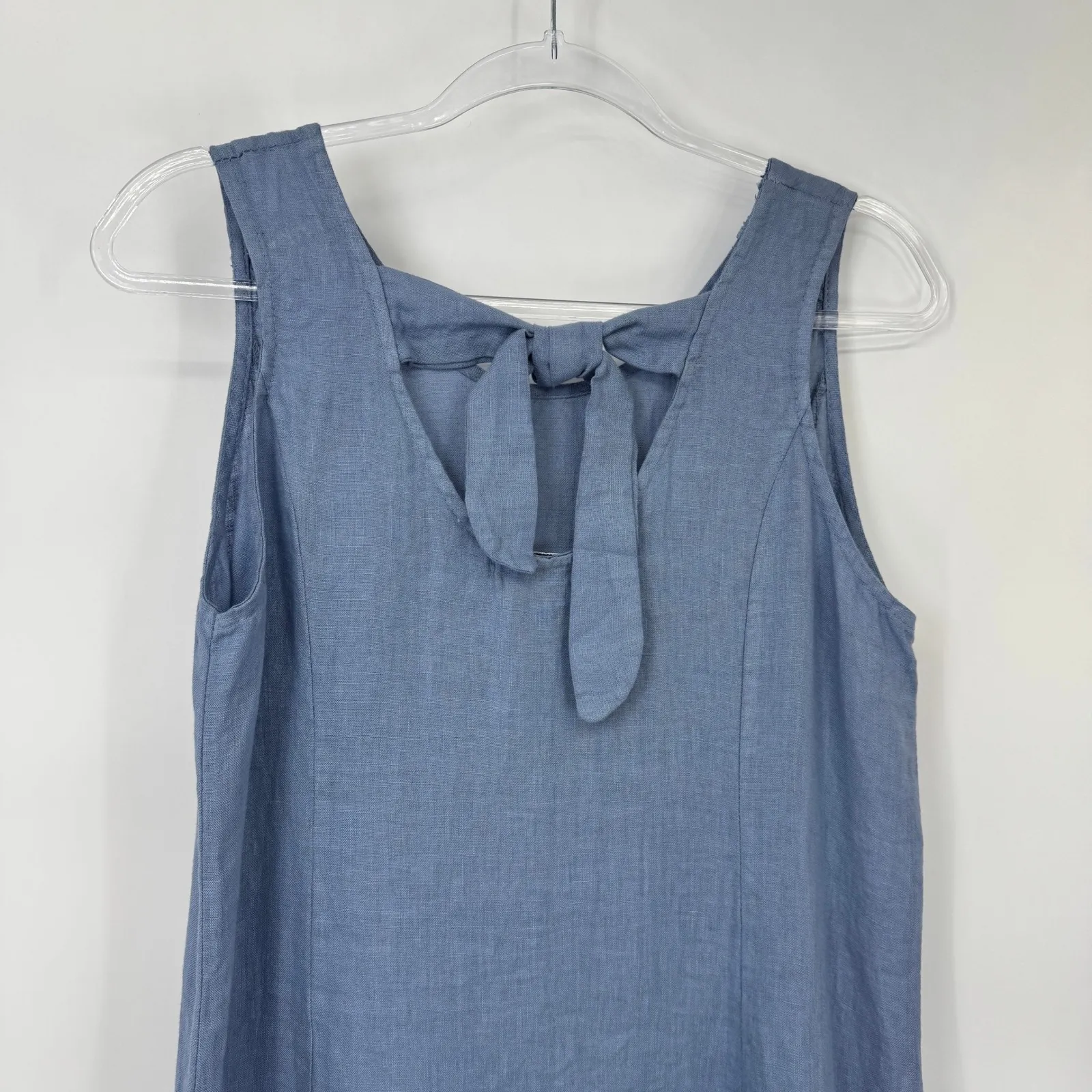 Terzo Millennio Linen Dress Blue Midi Sleeveless Bow Back Ruffle S Made in Italy - Image 7