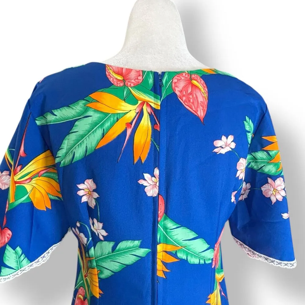 Vintage Made In Hawaii Maxi Dress Blue White Tropical Floral Lace Flutter Sleeve Size M - Image 7