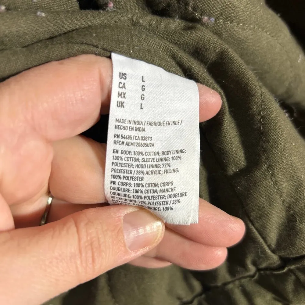 American Eagle Utility Jacket Large Army Green Flannel Sherpa Lined Hooded Zip - Image 12