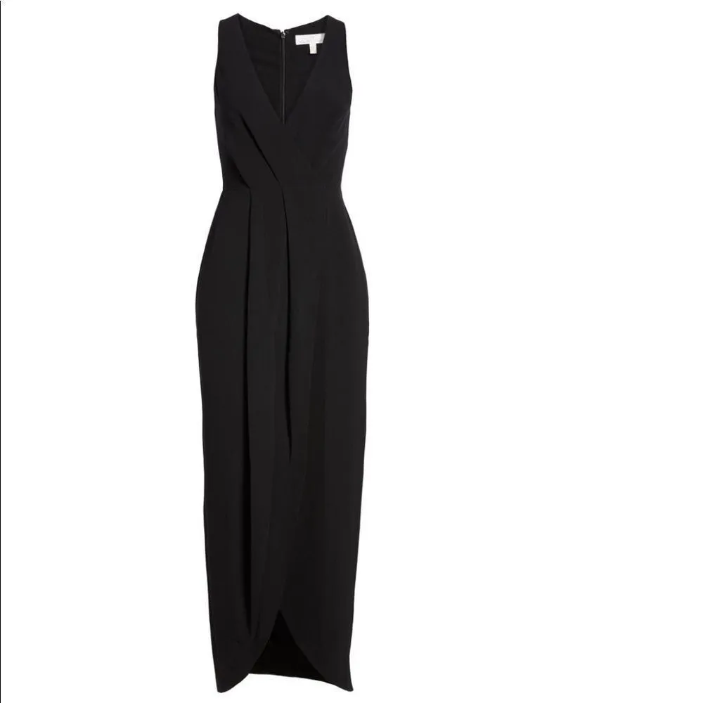 DRESS THE POPULATION Ariel Racerback Faux Wrap Crepe Dress Gown, Black Small NWT - Image 7