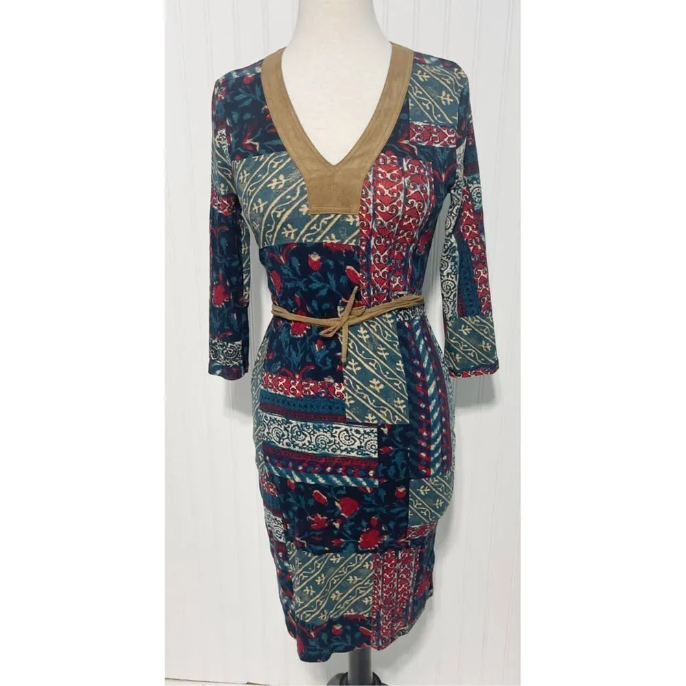 Lauren Ralph Lauren Patchwork Knee Length Dress Faux Suede Wrap Belt Green Small - Image 2