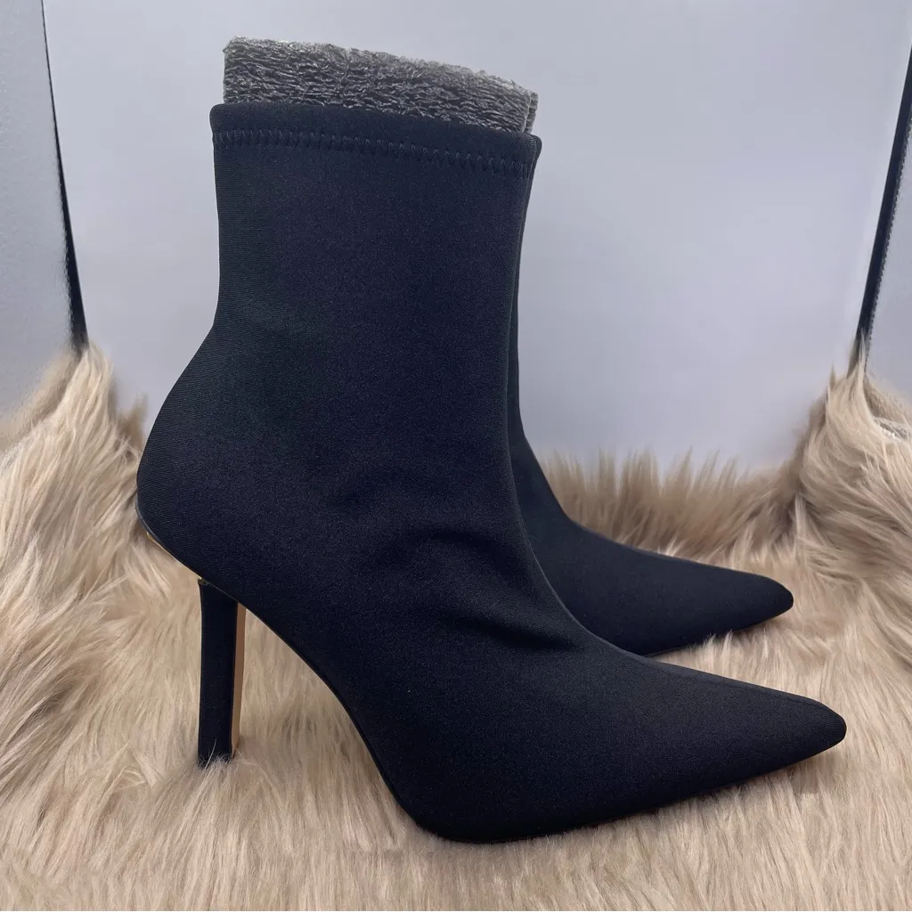 Good American black shine neoprene ankle heel boots women Size 8.5 - Image 4