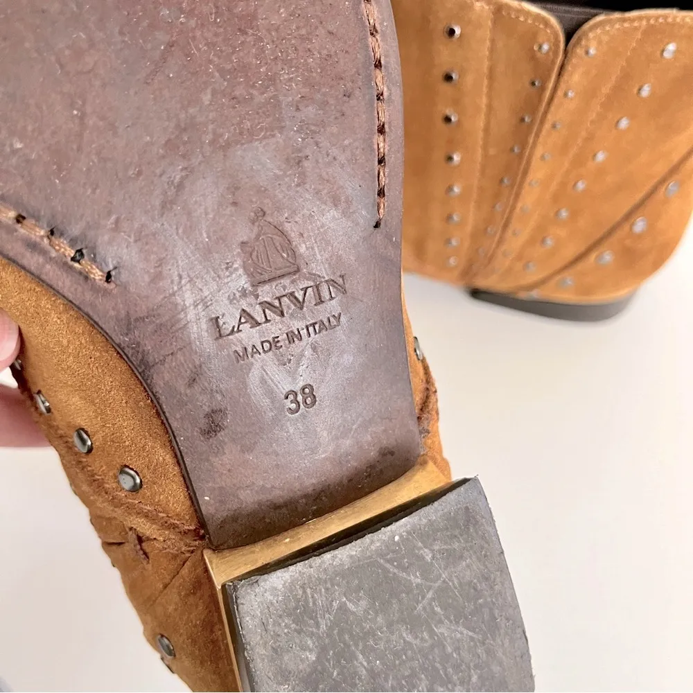 Lanvin Studded Camel Tan Suede Flat Chelsea Boots, Size 38 - Image 8