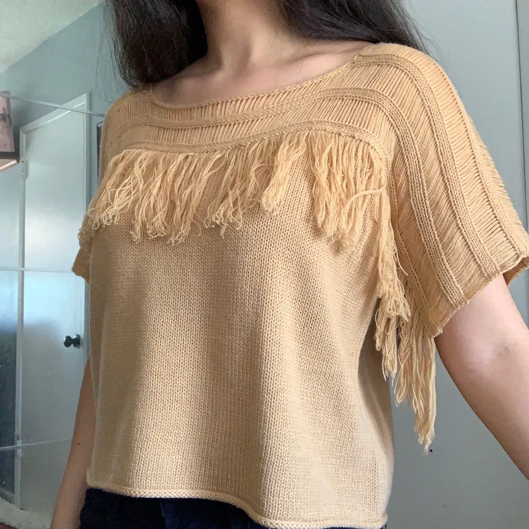 Camel Fringe Knit Boxy Top - Image 4