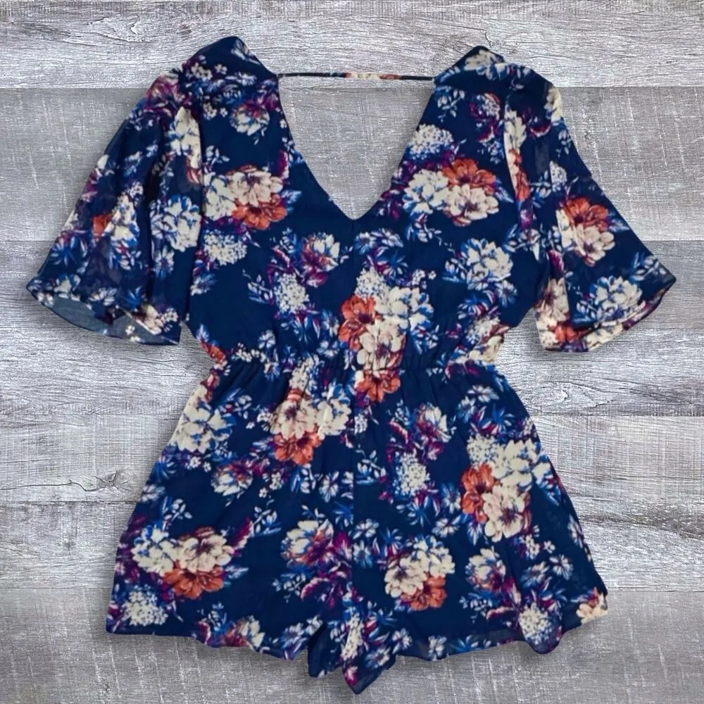 As U Wish Romper Womens S Floral Navy Blue Flutter 1/2 Sleeve V Neck Low Back - Image 2
