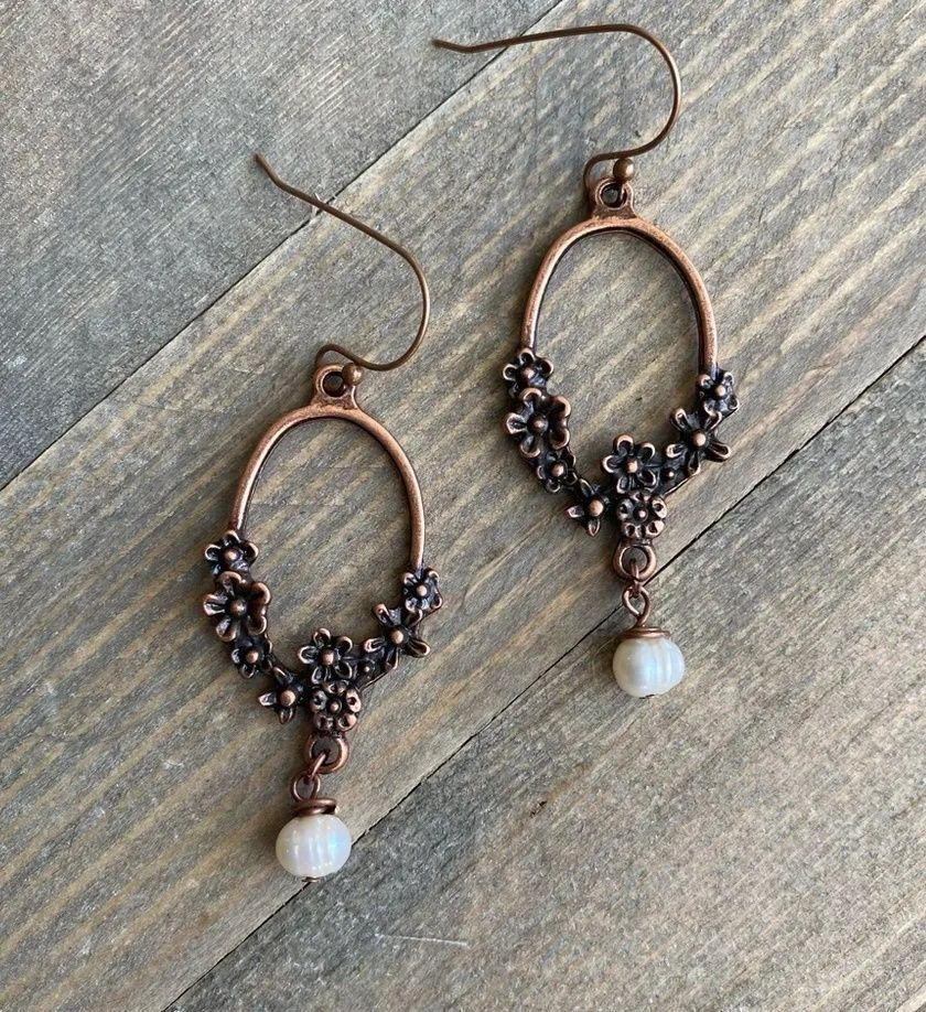 Antique copper freshwater Pearl dangle drop lightweight earrings boho indie - Image 3